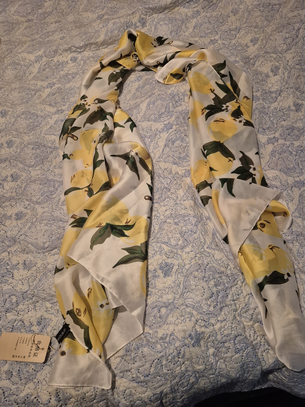 100% Mulberry Silk Women's Yellow Floral Satin Scarf with Green Leaf Print NWT